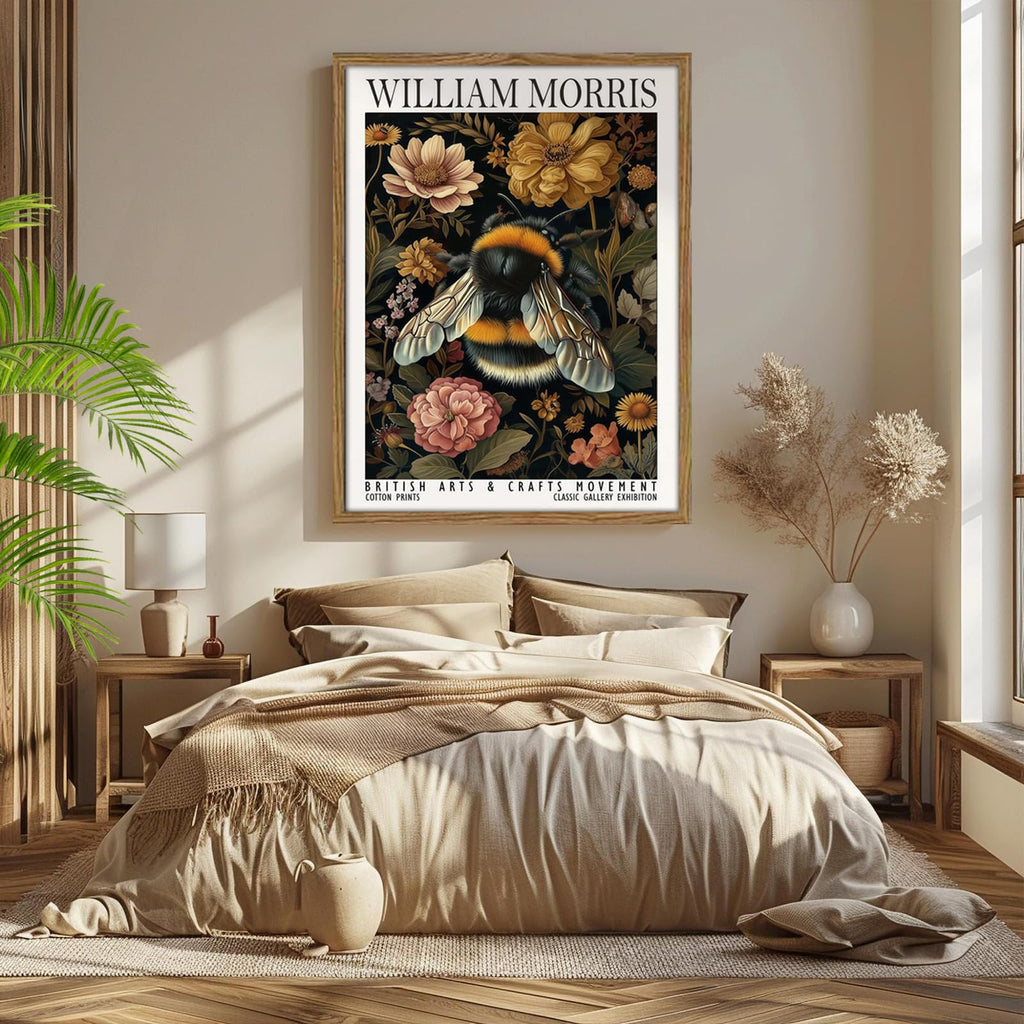 Framed William Morris Style Bee and Floral Wall Art Vintage Insect Print with Wooden Frame Gallery Paniting Poster