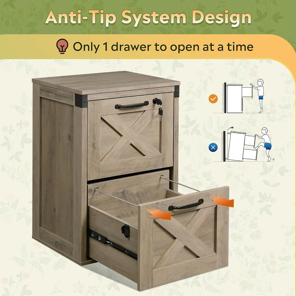 2-Drawer File Cabinet with Lock, Office Filing Cabinets, Gray Oak | Printer Stand, Letter & A4 Compatible, Home