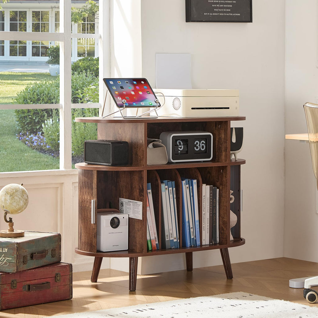 Small Round Record Player Stand with Charging Station, Brown