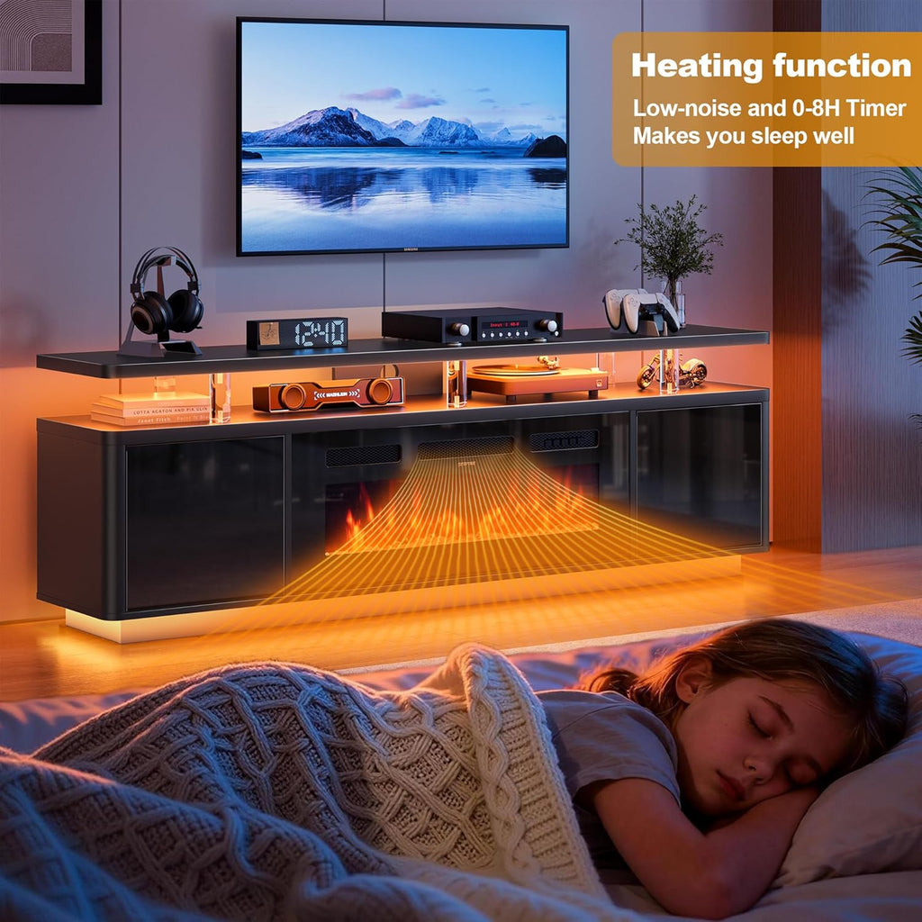 70" Fireplace TV Stand with Double LED Lights for TVs UP to 80", Electric Fireplace Entertainment Center with Storage
