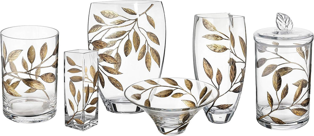 Decorative Glass Bowl Fruit Display - Etched, Hand Painted Leaves Decor - Mouth Blown Clear Glass - Large Salad