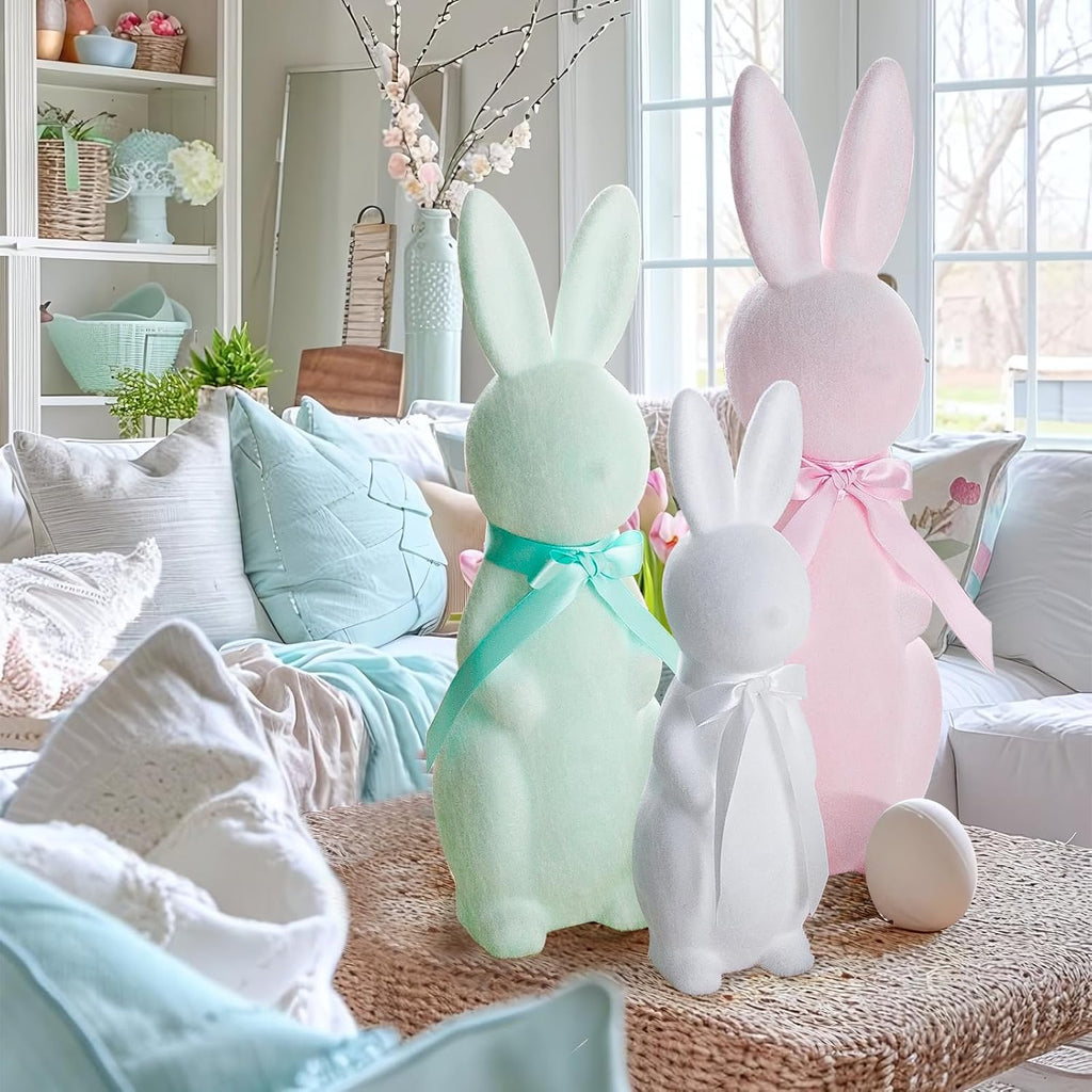 Easter Decorations - 3 Pack Pastel Flocked Bow-Tied Bunny Set (10", 13", 16") - Spring Table Centerpieces Decor - Set of 3
