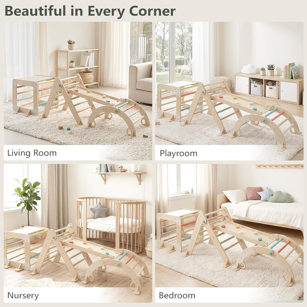 Triangle Set with Cube, Montessori Toddler Climbing Toys Indoor, Wooden Baby Jungle Gym with Climbing Arch and Ramp