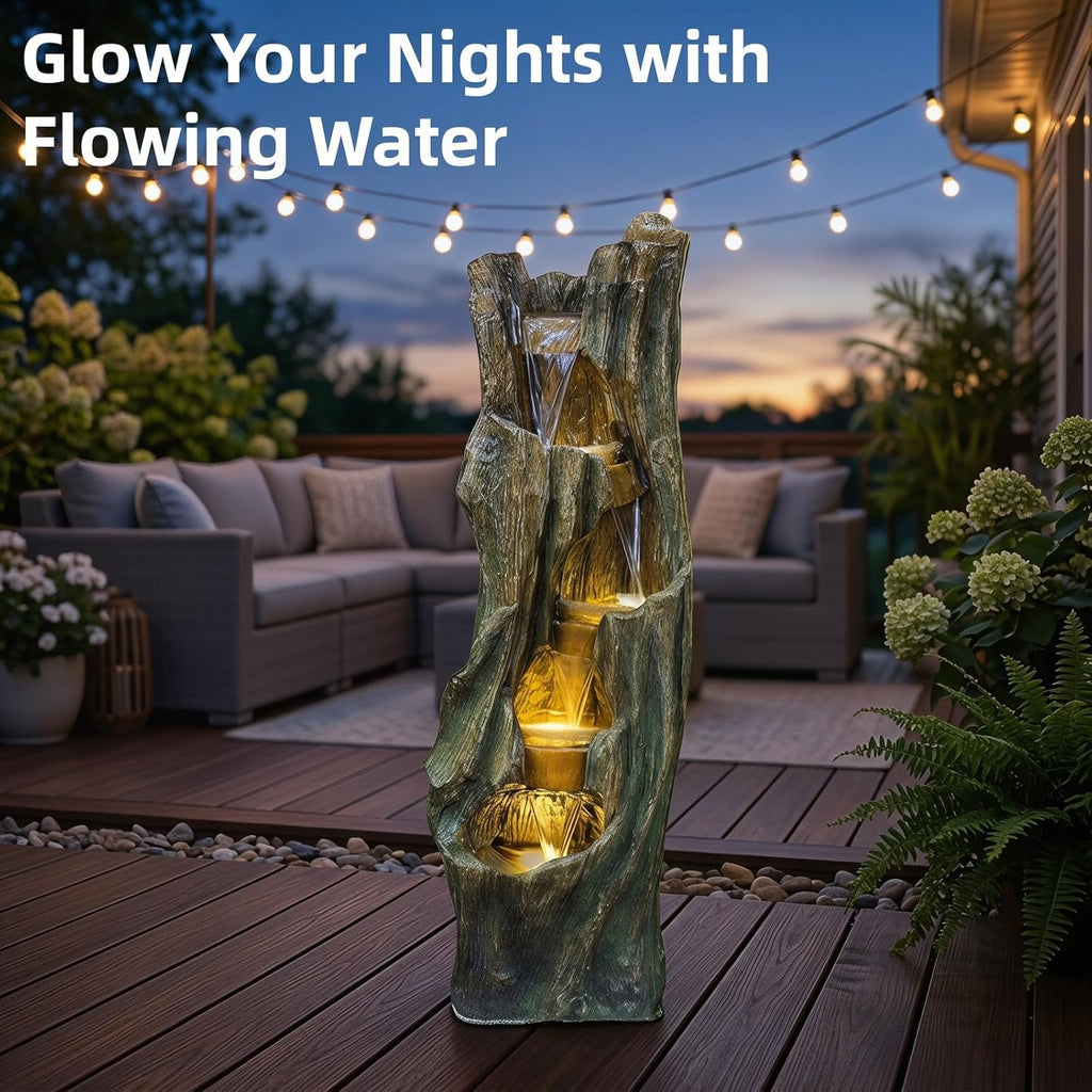 Outdoor Waterfall Fountain 39.4in Tall, Tree Design Garden Fountain with LED Lights
