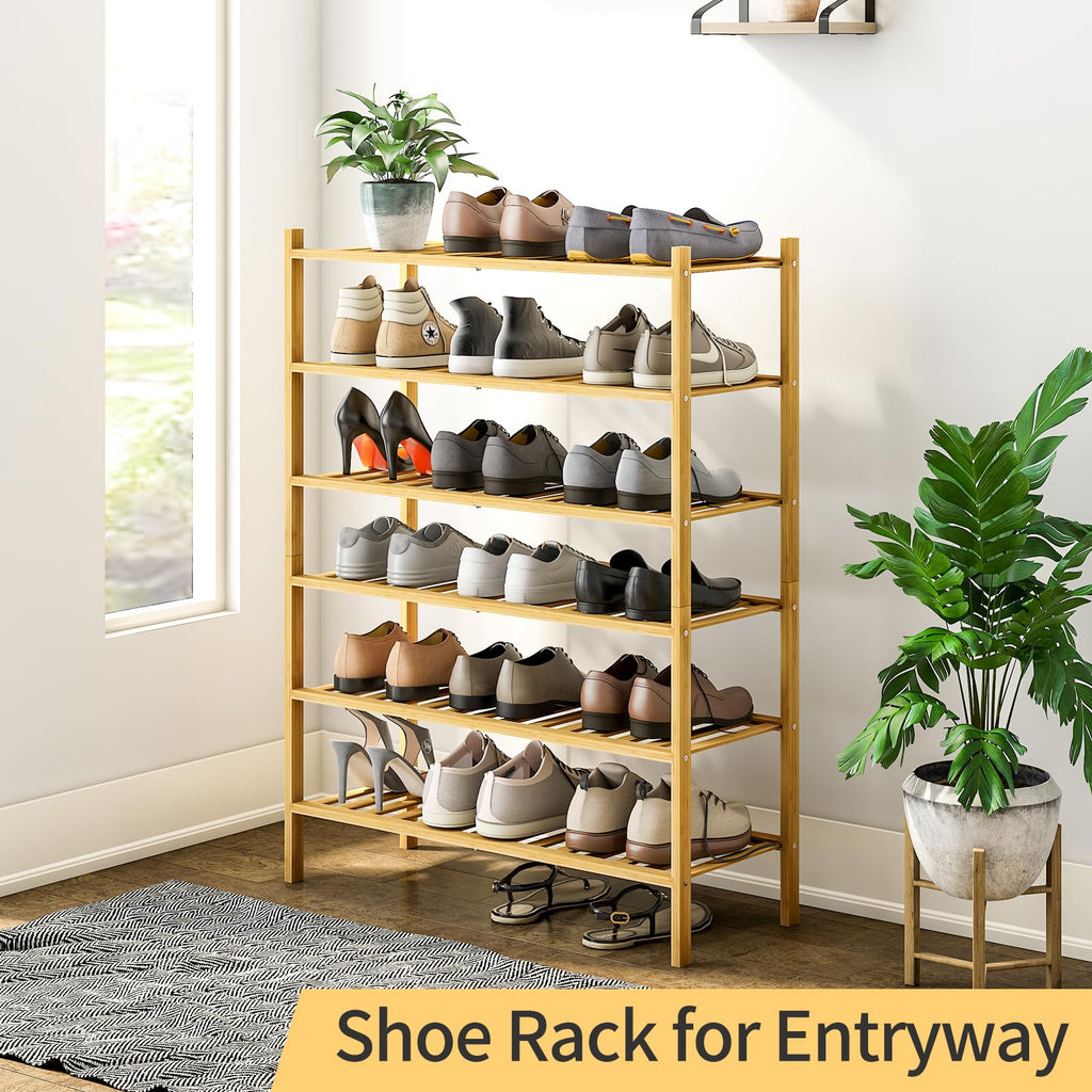 6-Tier Bamboo Shoe Rack, Stackable | Heavy Duty | Multi-Function, Free Standing Shoe Racks Hallway Closet