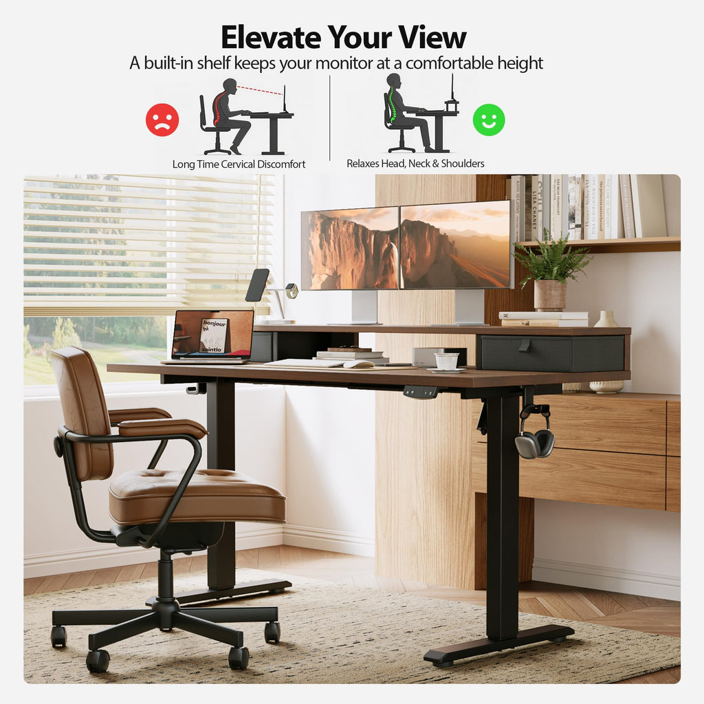Electric Standing Desk with Drawers & Shelf, 48*24", Dark Walnut