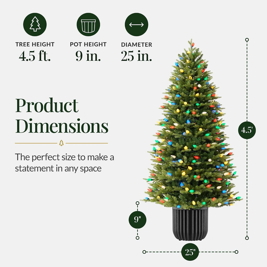 4.5ft Prelit Potted Pencil Christmas Tree w/ C7 LED Lights, Realistic Nostalgic Artificial Lighted Retro Holiday