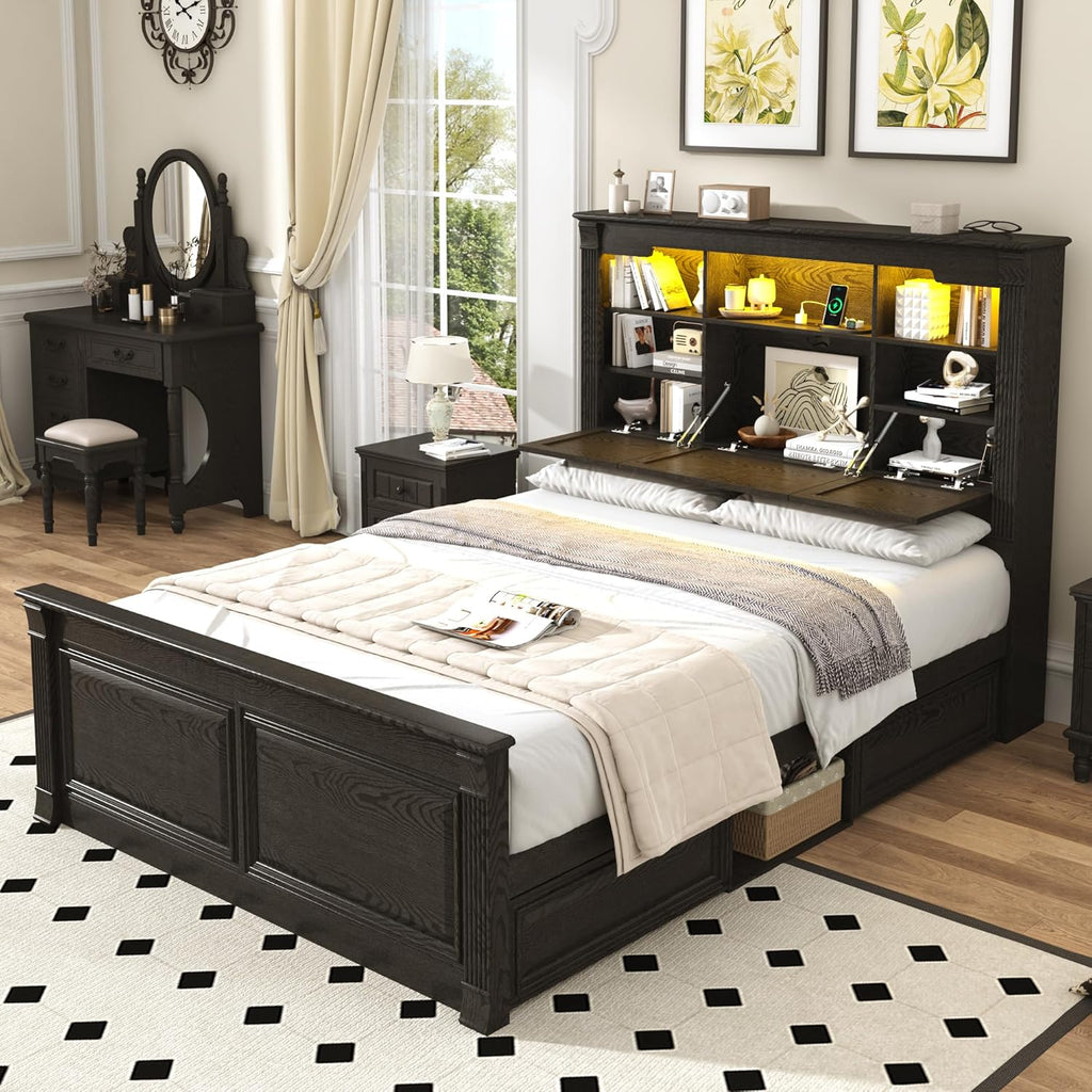 Farmhouse Queen Bed Frame with 55" Tall Storage Headboard & 4 Drawers, Wood Roman Column Platform Bed Frame with 24"