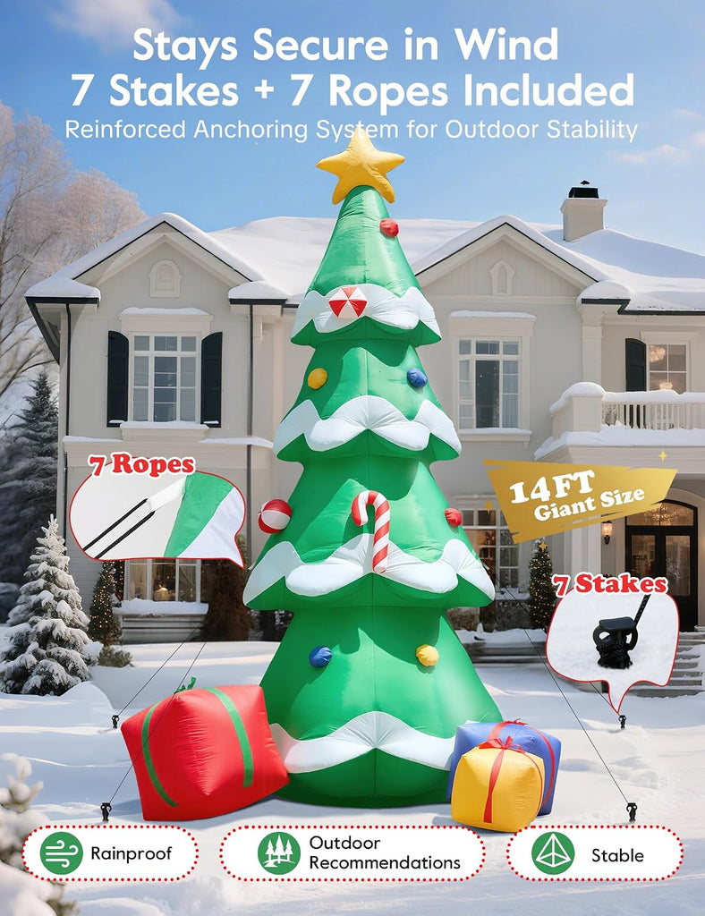 14FT Christmas Tree Inflatables Outdoor Decoration, Giant Inflatable Christmas Tree with 3 Gift Boxes, Lighted