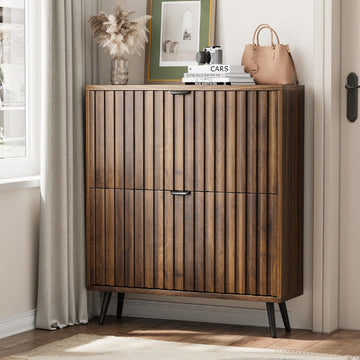 Shoe Storage Cabinet, Walnut Fluted Shoe Cabinet Storage, Hidden Shoe Cabinet with Metal Legs, Slim Entryway Shoe