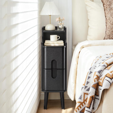 Narrow Nightstand, Wooden Small 2 Drawer Night Stand (Black-)