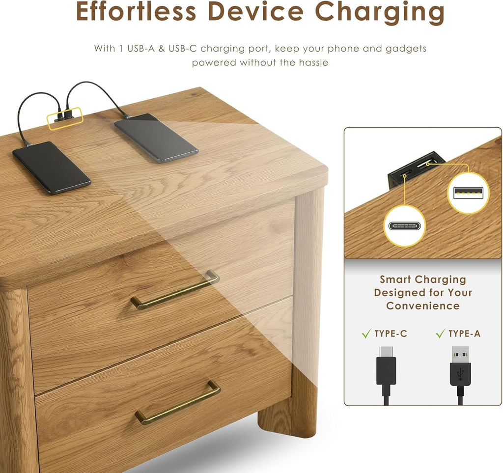 Sawer Modern 23-inch Wood Nightstand Set of 2 with 2 Drawers and USB Ports, Wooden Night Stand , Small Bedside Table