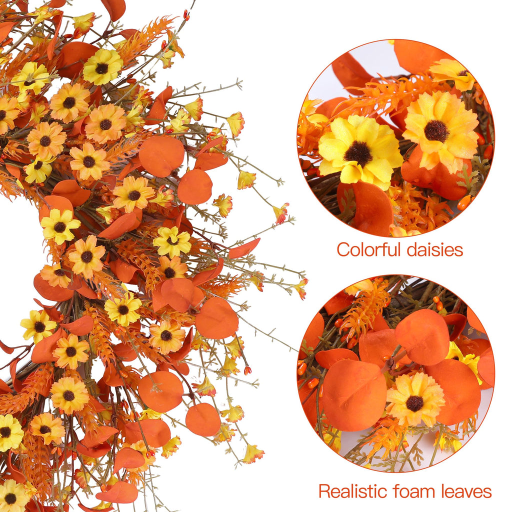 Fall Wreath 24'' Autumn Harvest Daisy Wreath with Orange Eucalyptus Foam Leaves Grain Daisies Berries for Outside