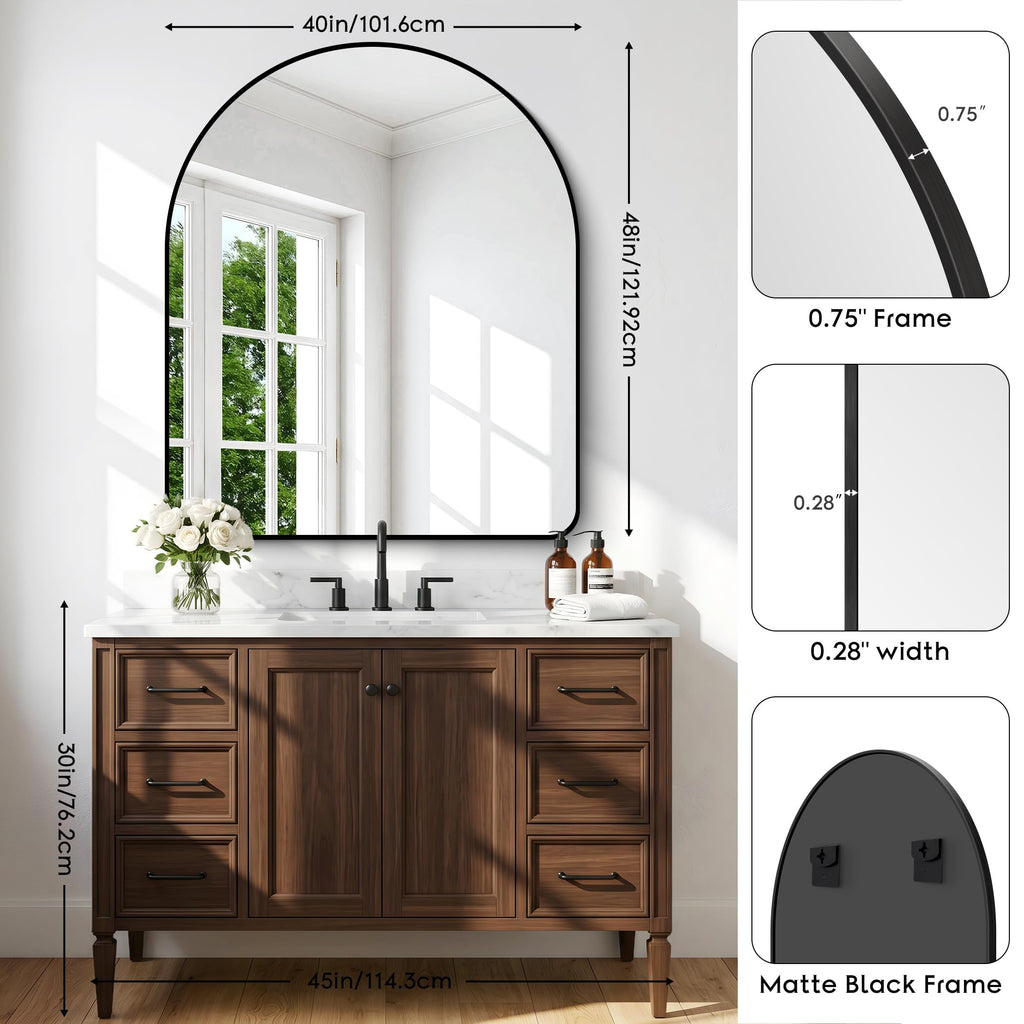 Arched Wall Mirror,40x48 inch Black Arched Mirror Bathroom,Large Vanity Mirror for Over Sink Metal Frame,Tempered