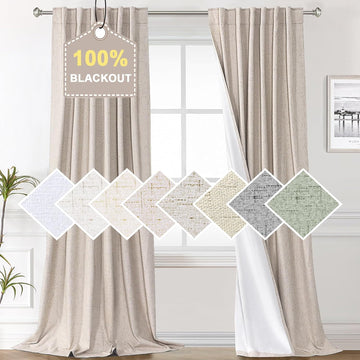 100% Blackout Curtains for Bedroom 84 Inches Long, Back Tab/Rod Pocket Faux Linen Black Out Cute Curtains 2 Panels