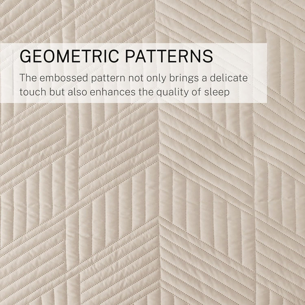 Ultrasonic Full Queen Quilt Bedding Set, Lightweight Brich Beige Bedspreads Soft Modern Geometric Coverlet Set for All Seasons (1 Quilt and 2 Pillow Shams)