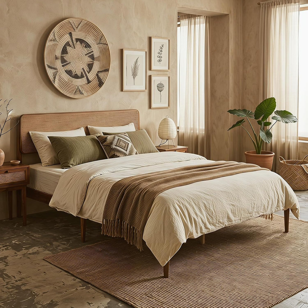 Rattan Queen Bed Frame, Boho Wood Platform Bed with Wicker Headboard, Wooden Mattress Foundation & Support Slats