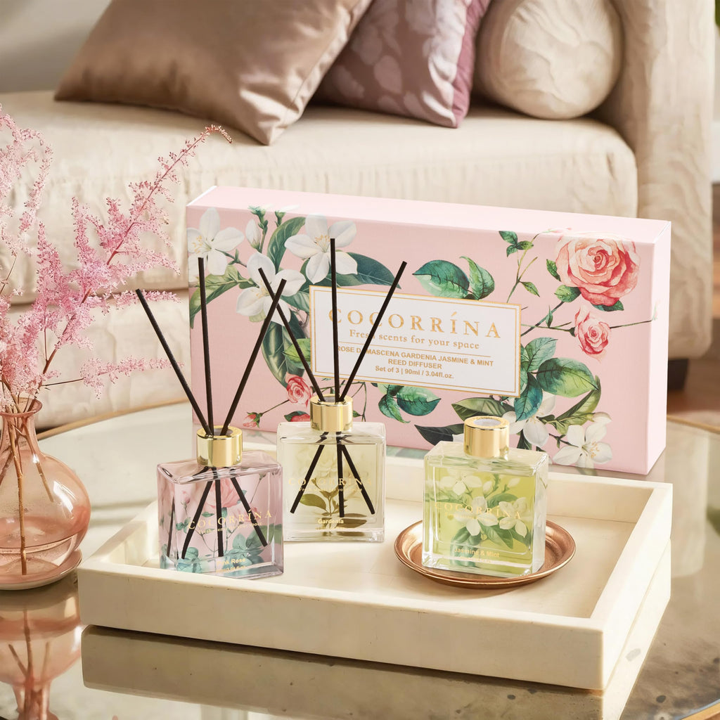 Reed Diffuser Set of 3-3 Pack/ 3.04 Fl.oz Diffuser with 24 Sticks Pink Rose/Gardenia/Jasmine & Mint, Reed Diffuser