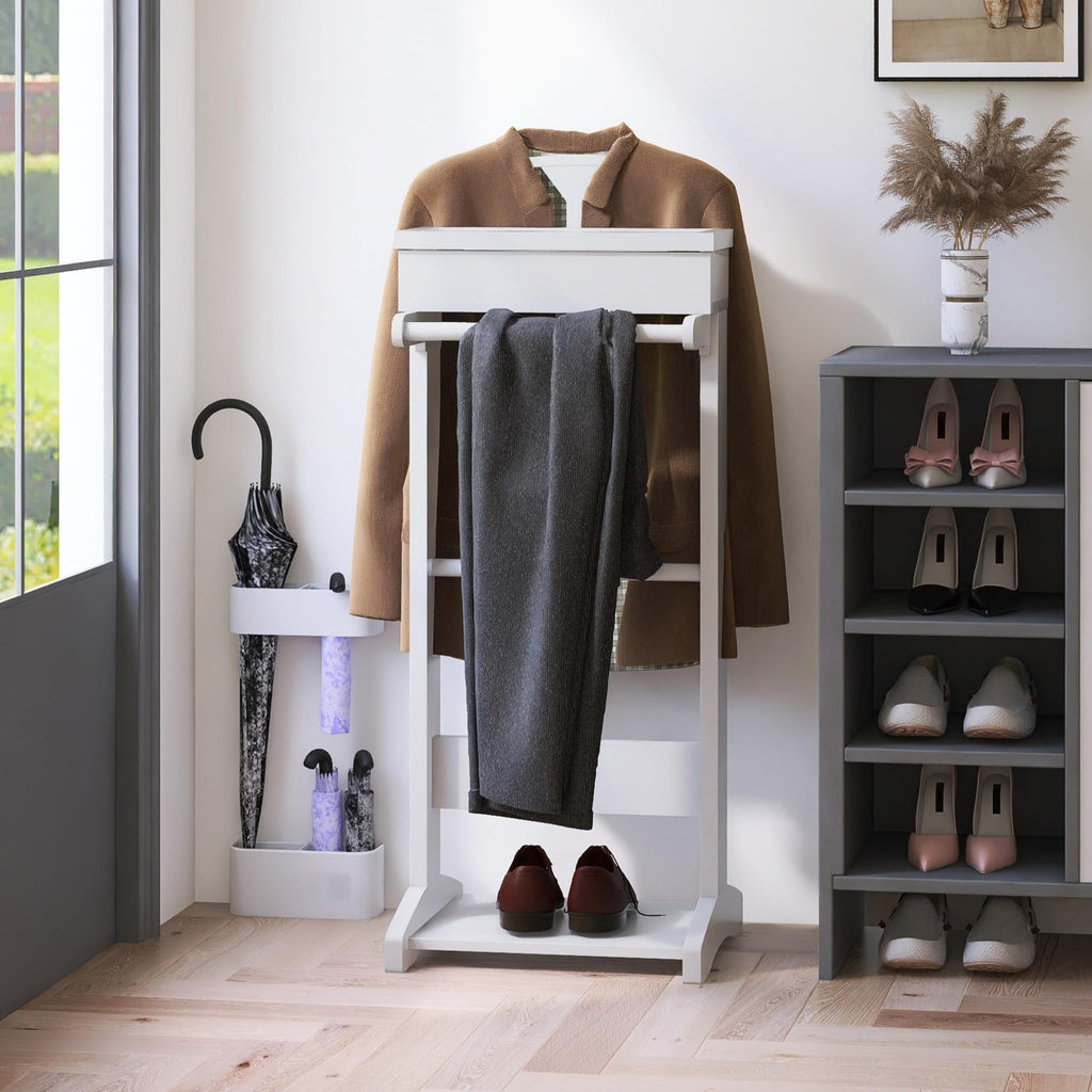 Men Wooden Suit Valet Stand, White