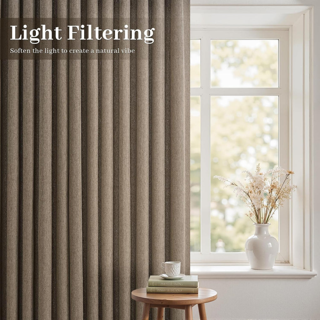 96 Inches Long Pleated Sheer Curtains,Dark Linen Blended Light Filtering Window Curtains 96 Length 2 Panels for