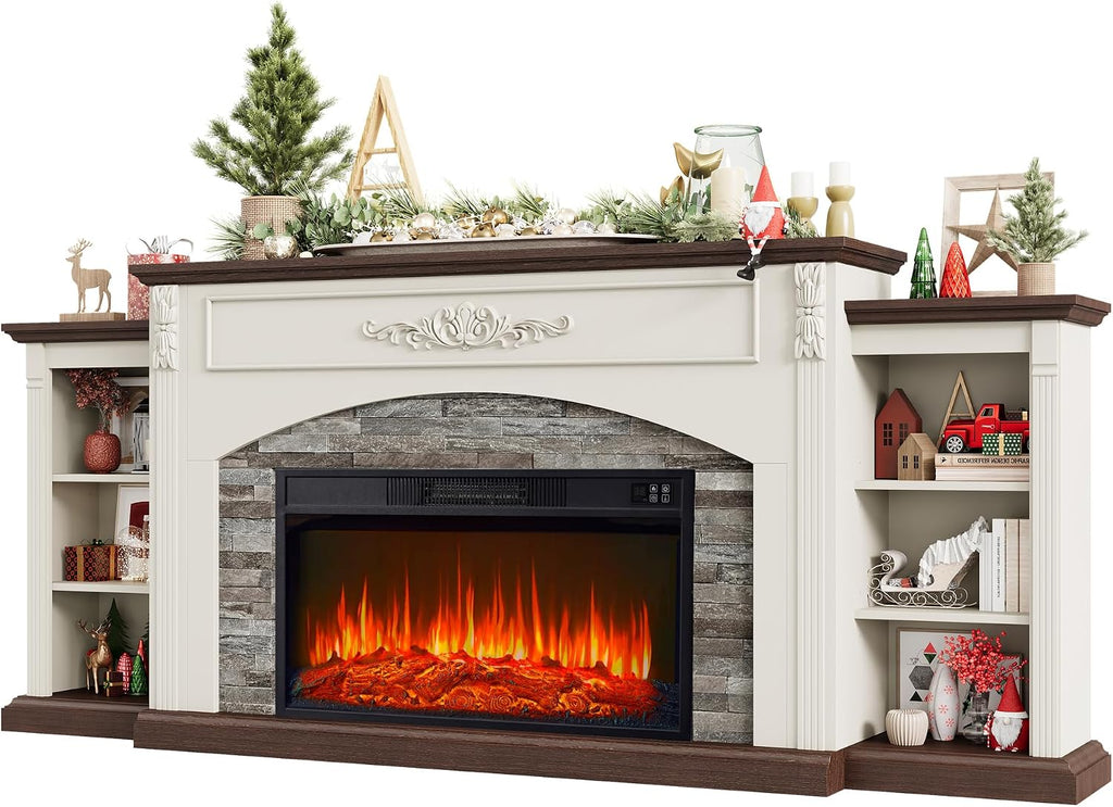 80" Electric Fireplace with Mantel, Fireplace TV Stand for TVs Up to 90 Inch,30" Fire Place Insert Heater for Living