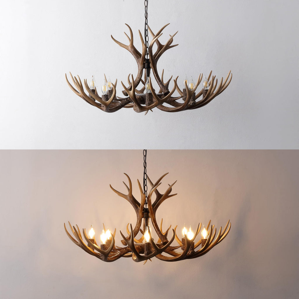 Rustic Faux Antler Chandelier - 8-Light Brown Resin Antler Chandelier for Cabin & Lodge, 36" Wide