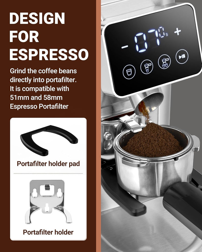 Burr Coffee Grinder, 48 Settings, Less Static Mess, Metallic Silver | 40mm Burr, Low Retention, 0.5s LED Timer