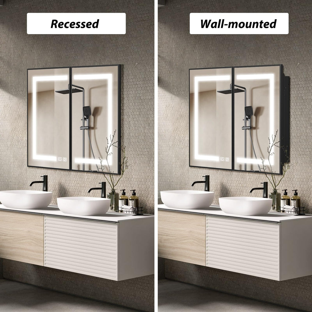 40x32 Inch Black Lighted Bathroom Medicine Cabinet with Mirror