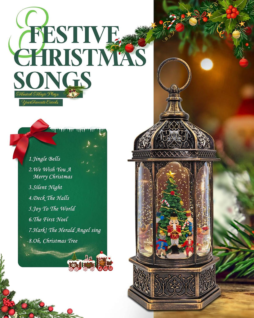 Christmas Snow Globes Musical Lantern with Timer, Nutcracker Figures Rotate with Music, Swirling Glitter Christmas
