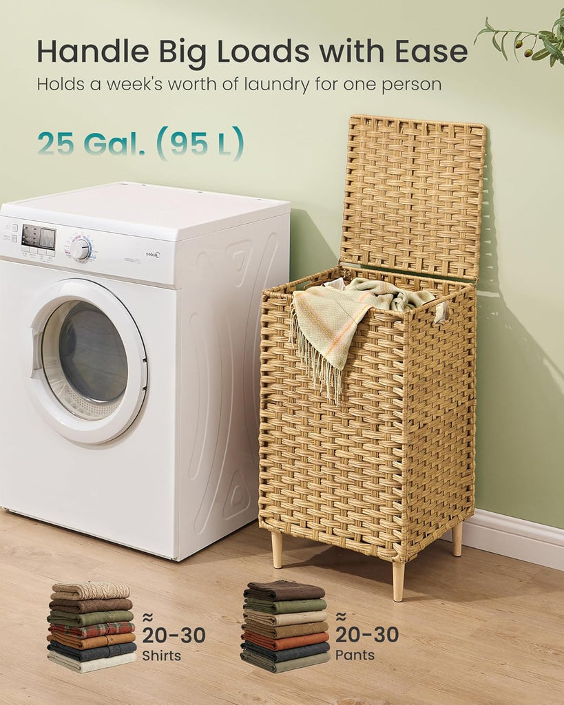 Laundry Hamper with Lid, 25 Gal (95L) PE Rattan Laundry Basket with Removable Washable Liners, Goose Yellow