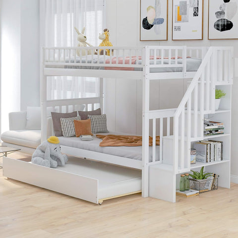 Twin Over Twin Bunk Bed with Trundle, Storage Staircase and Full Length Guardrail, Solid Wood Stairway Bunk Bed