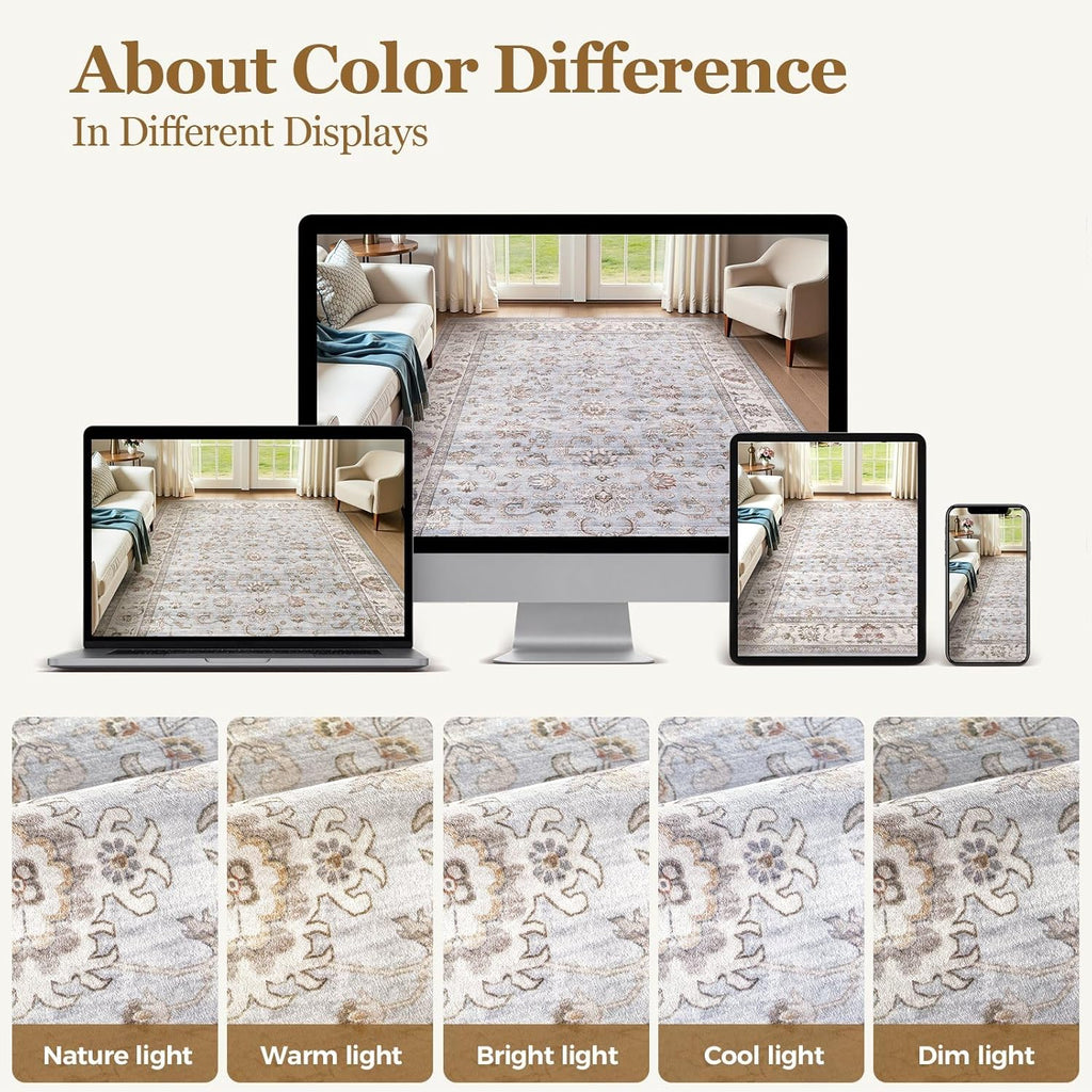 10x14 Area Rugs for Living Room: Machine Washable Non Slip Vintage Carpet - Low Pile Lightweight Pri
