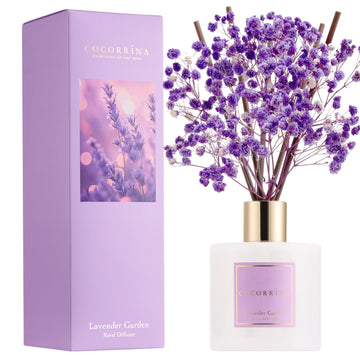 Reed Diffuser - Lavender Garden 6.7 Fl.oz Reed Diffuser Set with Sticks & Preserved Baby's Breath, Reed Diffuser