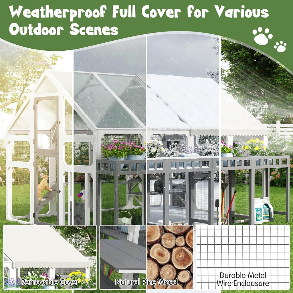 Extra Large Catio Outdoor Cat Enclosure for Multiple Cats, Grey&White