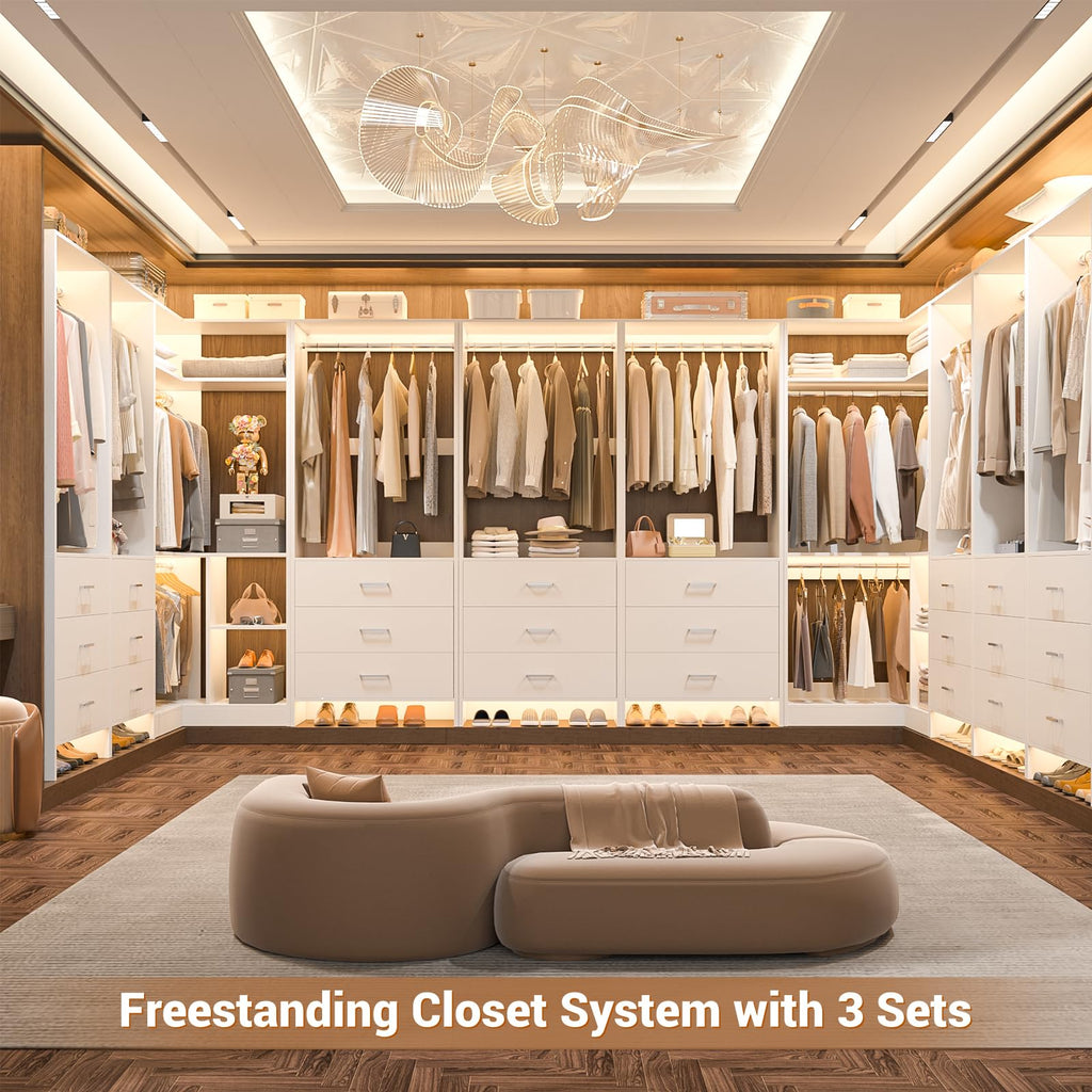 Closet System with 6 Drawers, 4 Hanging Rods & Corner Tower, Corner Closet System with Hanging, 76.5" L-Shaped
