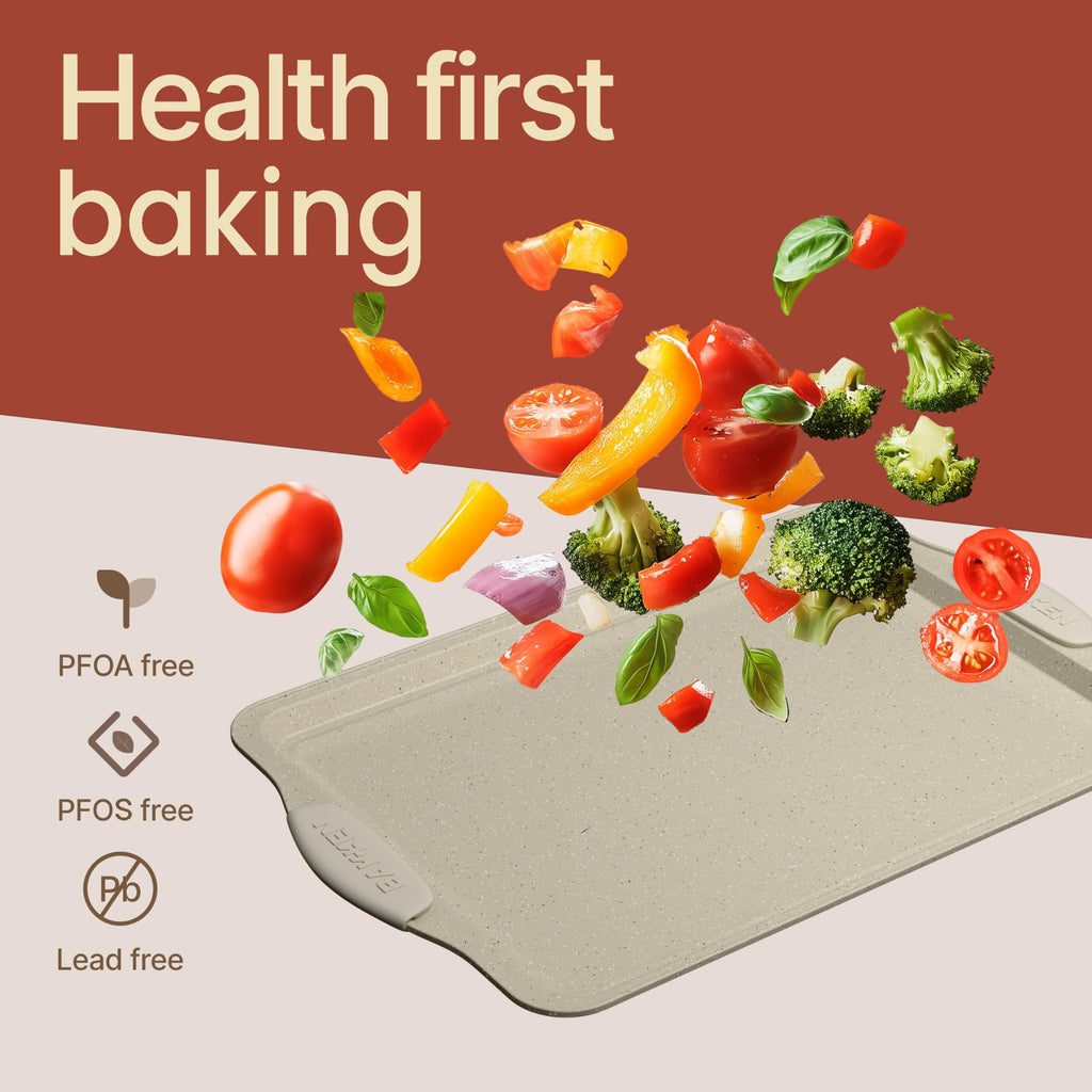 Kitchen Oven Baking Pans - Nonstick Gray Coating, Carbon Steel Bakeware Set with White Silicone Handles, Commercial