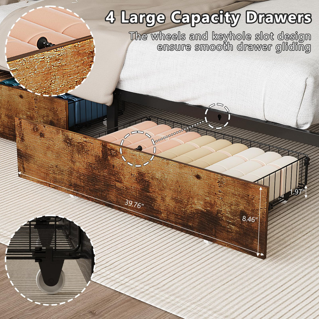 King Bed Frame with 4 Storage Drawers and Adjustable Headboard Shelf, Metal Platform Captain Bed with Charging