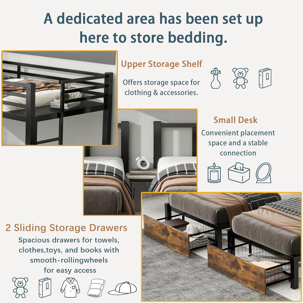 Triple Bunk Bed for Kids,Detachable TwinXL Over Twin Over Twin Metal Bunk Bed with Guardrails,Ladder &