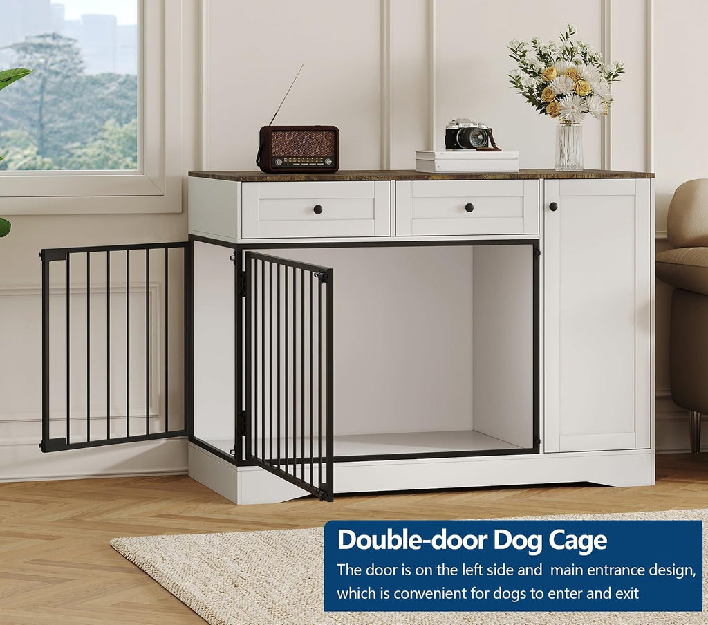 Dog Cage Furniture, 47 Inch Modern Double-Door Indoor Kennel with Farmhouse-Style Dog Cage Featuring Dual-Drawer