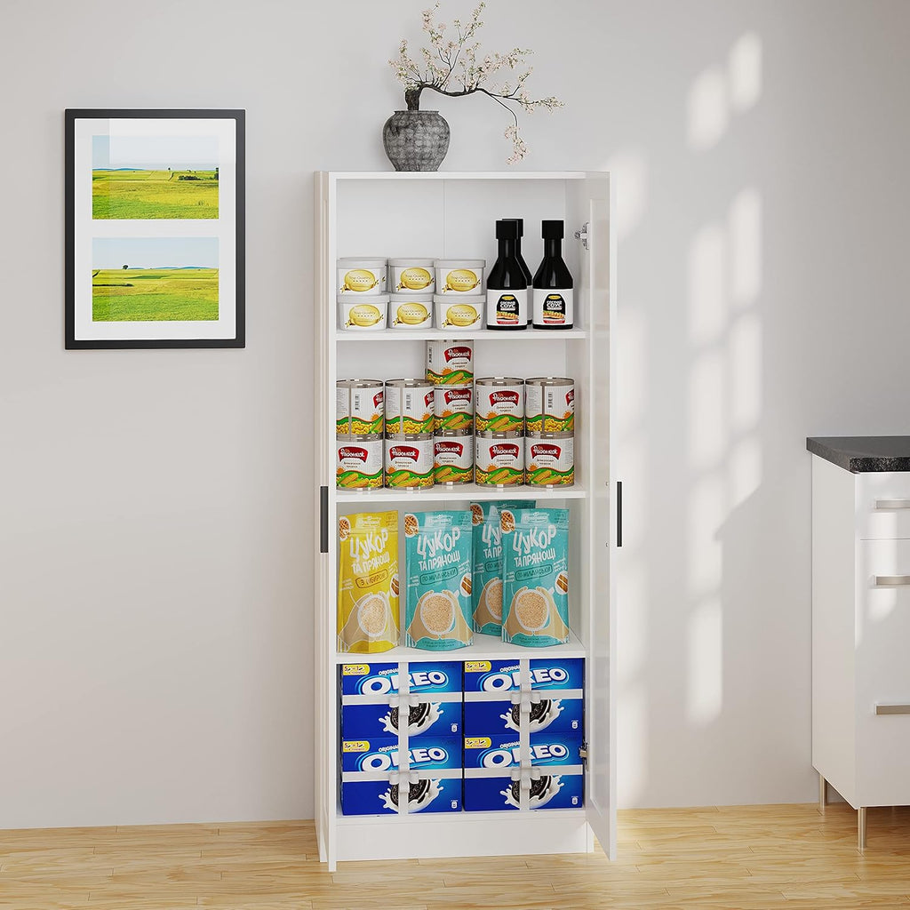 Wooden Storage Cabinet, Narrow Pantry Cabinets Free Standing Tall Storage Cabinet with 2 Doors and Shelves (White)