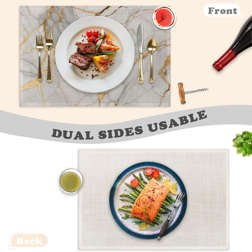 Placemats Set of 6,White Gold Marble Linen Table Mats Abstract Heat Resistant Place Mats Washable Dining Table Mats