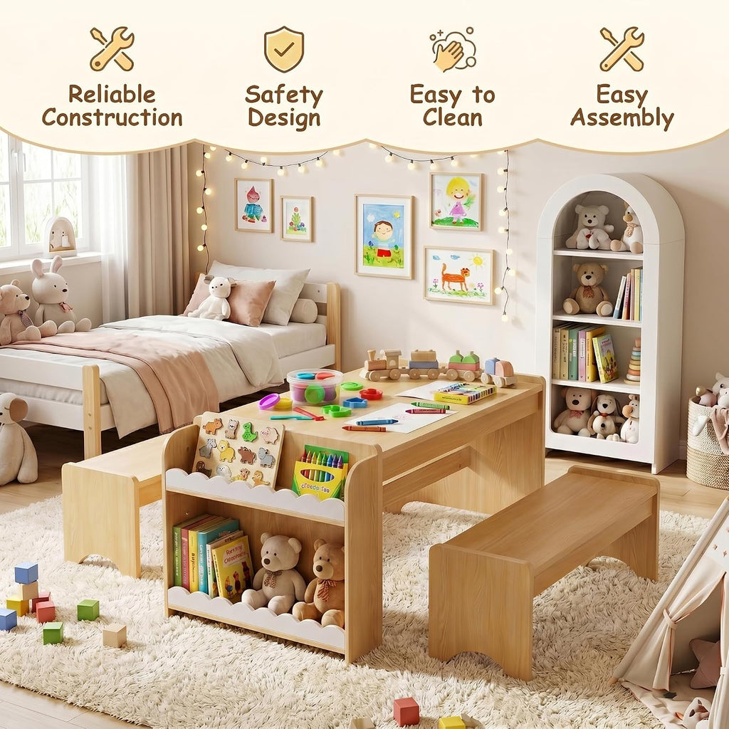 Kids Table and Bench Set, Montessori Kids Table and Chair Set, Indoor Wooden Toddler Activity Table with Bookshelves