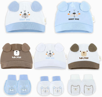 Organic Cotton Baby Mittens and Caps Set with Adorable Bear Design for Newborn 0-6 Months, No Scratch, Ultra Soft - 5