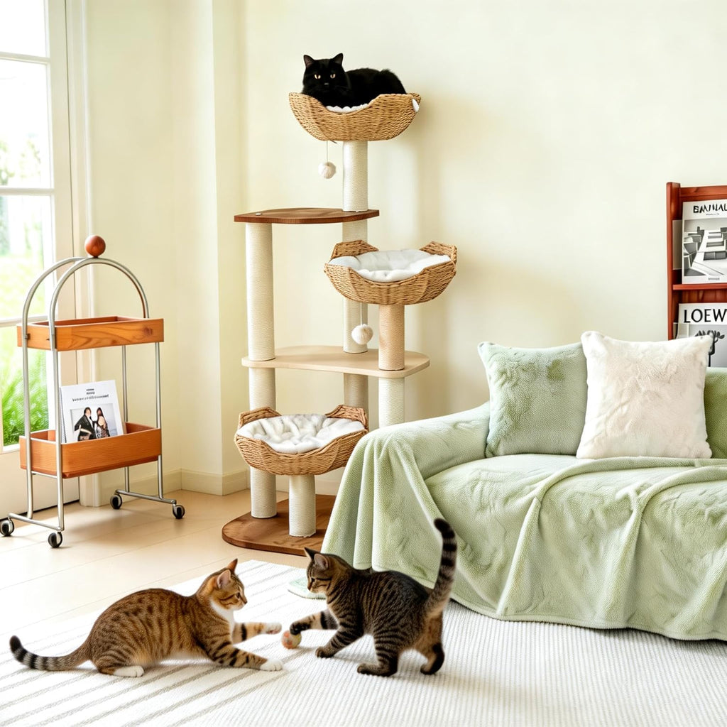 Cat Tree Tower, Modern Cat Tree with Hand-Woven Basket Nest, Sisal Posts, Extra Large 54 Inch Heavy-Duty Multi-Level