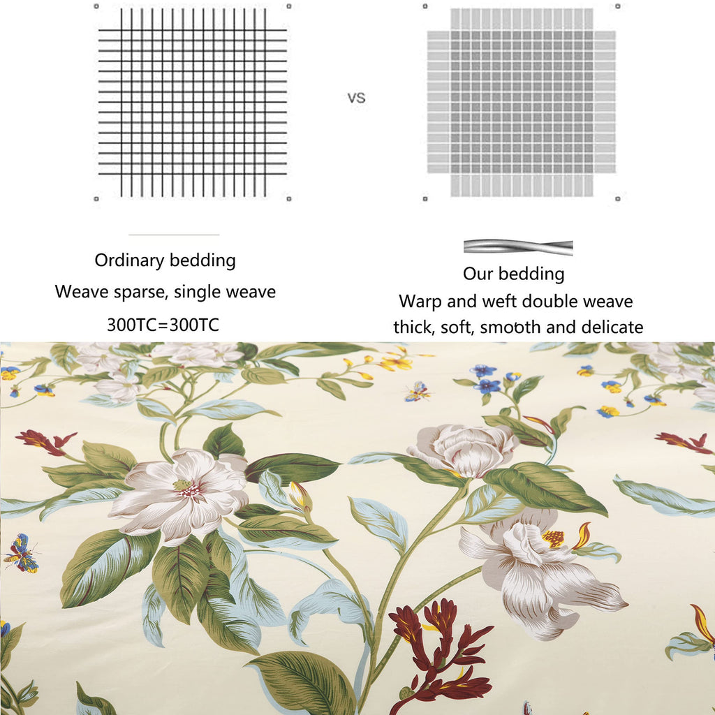 Floral Duvet Cover Set 100% Cotton Green and Beige Striped Shabby Flower Bedding Branches Botanical Printed