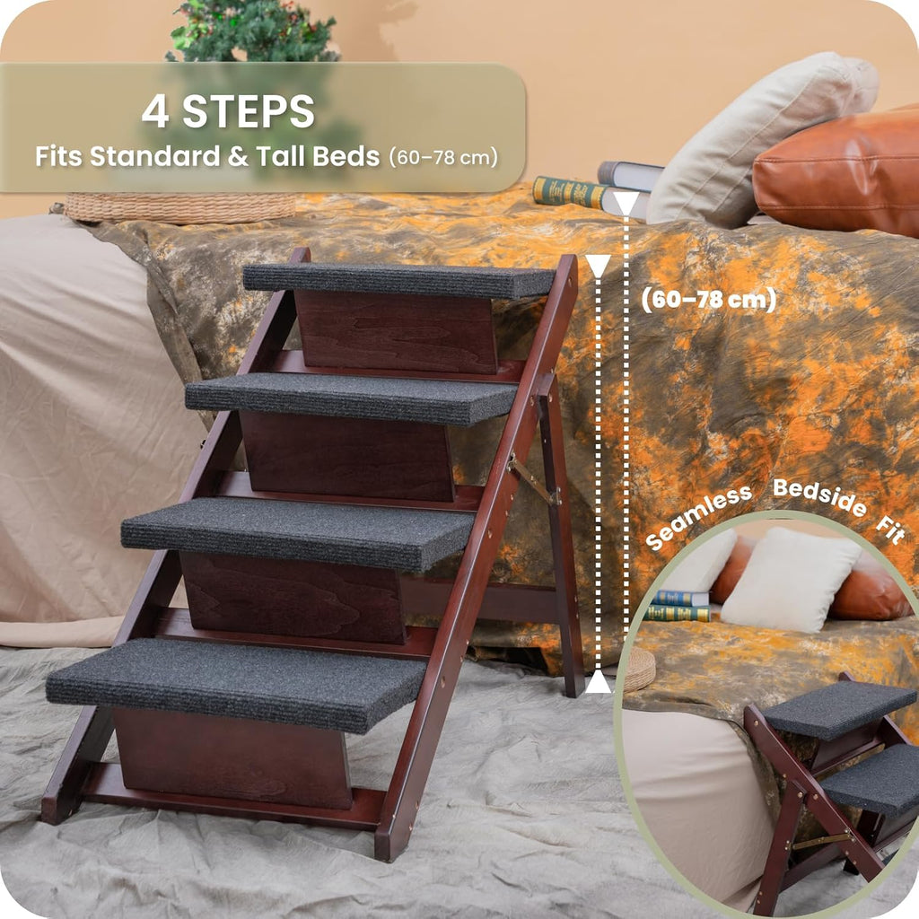 Wooden Pet Stairs - 4 Step Foldable Ramp for Senior Dogs & Cats