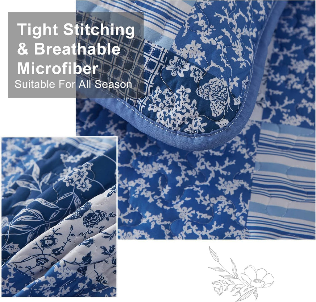 Blue Quilt Set California King, 3 Pieces Plaid Floral Bedspread Set Patchwork Reversible Bedding Set Microfiber