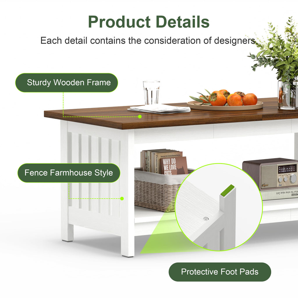 47.2" Farmhouse Coffee Table - Coffee Tables, Small Coffee Table with Storage, Center Table, White