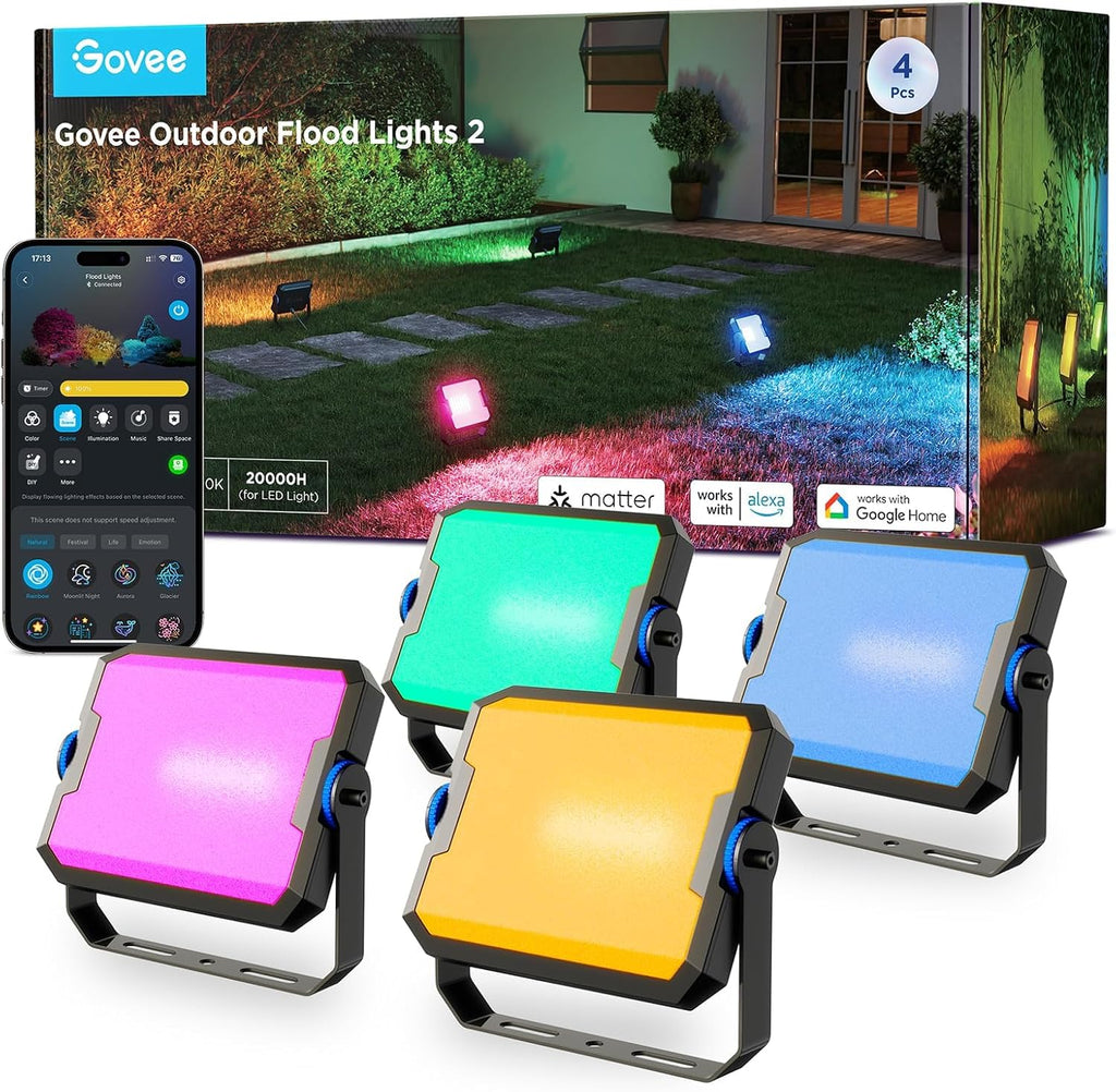 Outdoor Flood Lights 2, RGBIC IP66, Wired 4 Pack | 50 Scene Modes,App Control,RGBIC Warm Cold White lights,Compatible