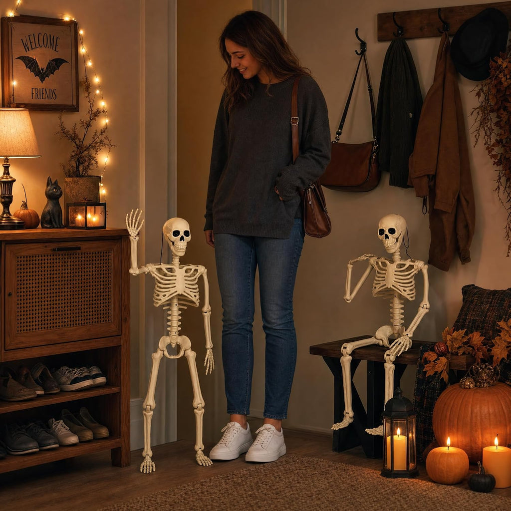 36.5" Halloween Skeleton, Full Body Life Size Posable Skeletons with Movable Joints, Realistic Plastic Human - Set of 2